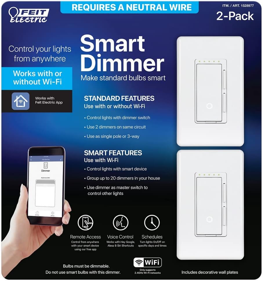 Feit Electric Wi-Fi Smart Dimmer 3 Way Single Pole Switch (2 Pack)