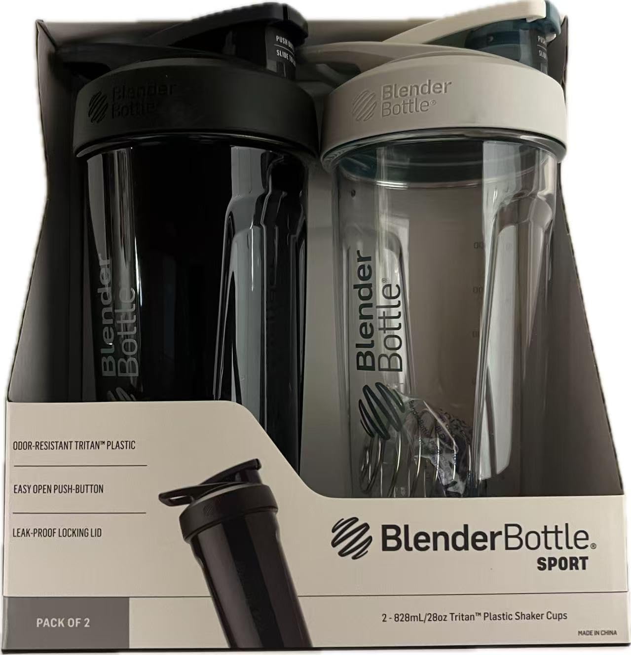BlenderBottle Sport Shaker Bottle with Wire Whisk, 28-Ounce, Navy – Protein Shakes & Hydration for Athletes & Fitness Enthusiasts, Easy Mixing, Lockable Lid | 2-pack (Black, White)