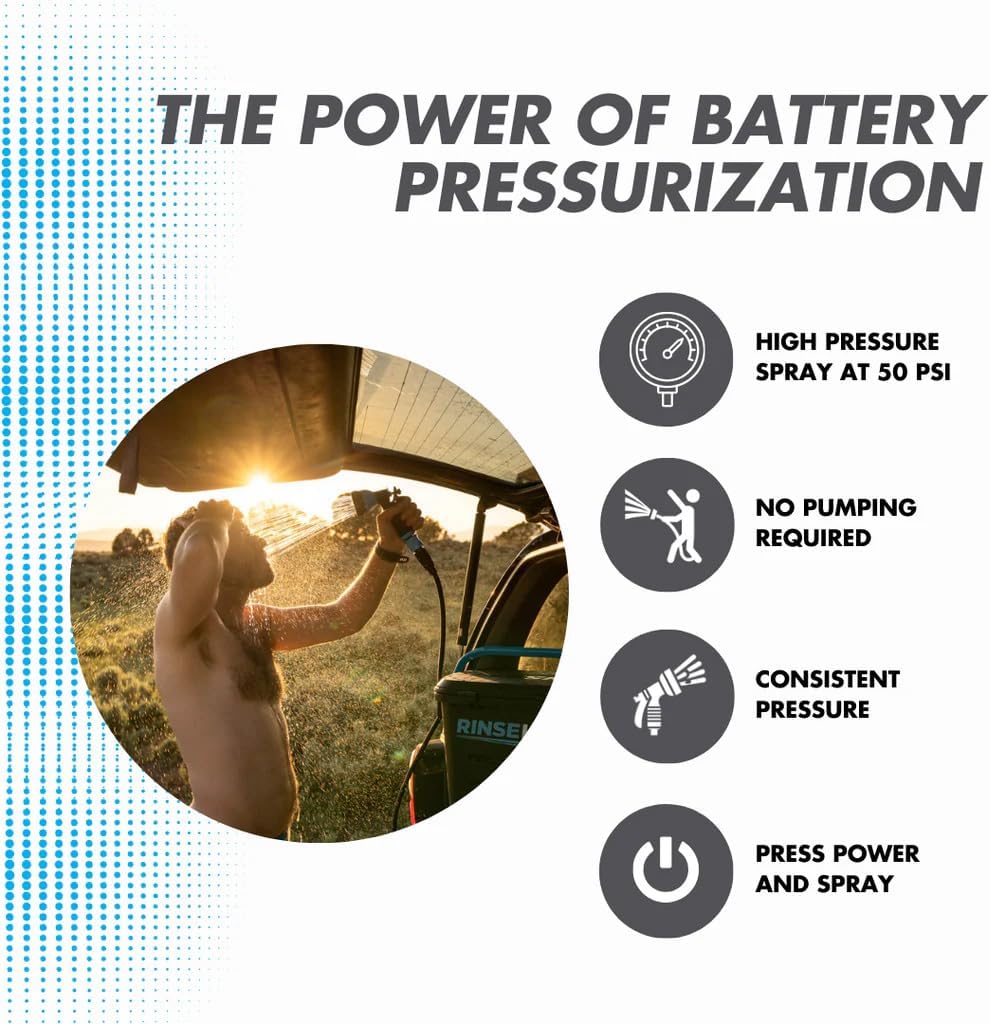 RinseKit PRO Portable Shower 3.5 Gal., High Pressure, Battery Powered, 6 Month Battery Life, Heating Options Available, Perfect for Camping, Beach, Van Life and More