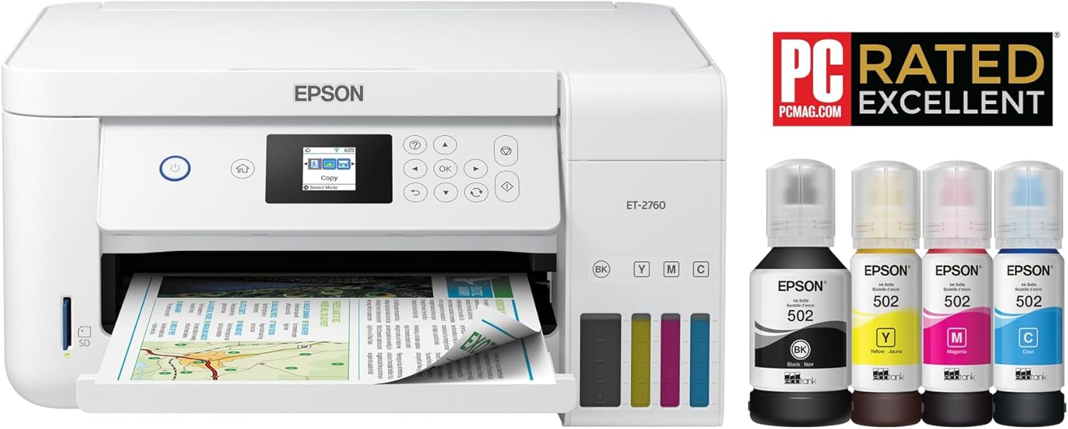 Epson EcoTank ET-2750 Wireless Color All-in-One Cartridge-Free Supertank Printer with Scanner, Copier and Ethernet, Regular
