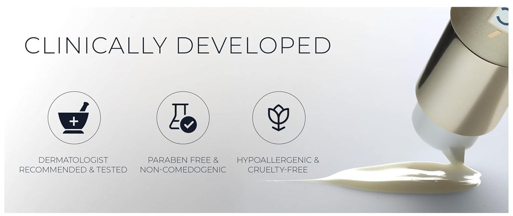 Product with 'Clinically Developed' text and icons on a white background