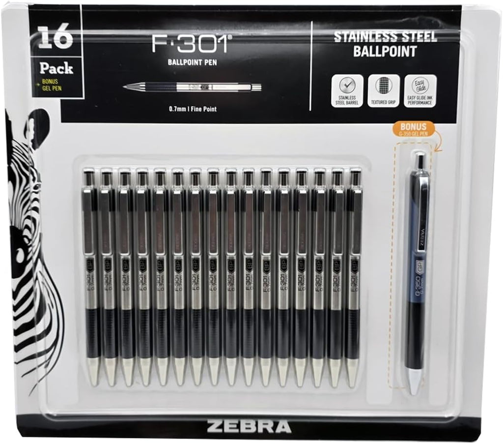 Zebra 16 x F-301 Ballpoint Stainless Steel (Black) + 1 x G-350 Gel Pen