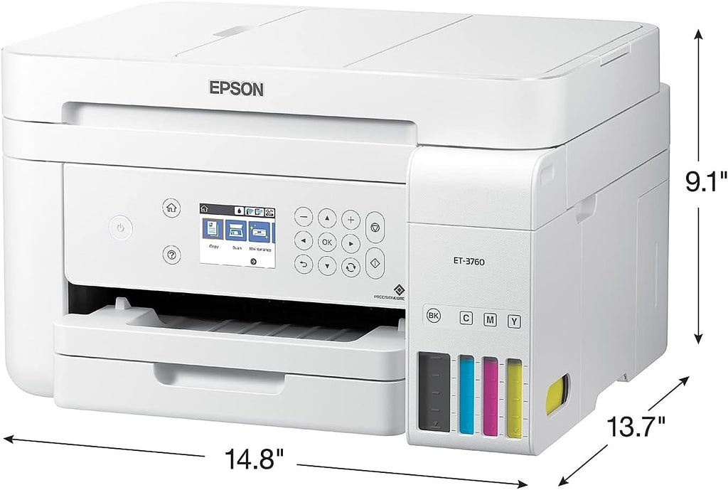 Epson EcoTank ET-3760 Wireless Color All-in-One Cartridge-Free Supertank Printer with Scanner, Copier and Ethernet, Regular