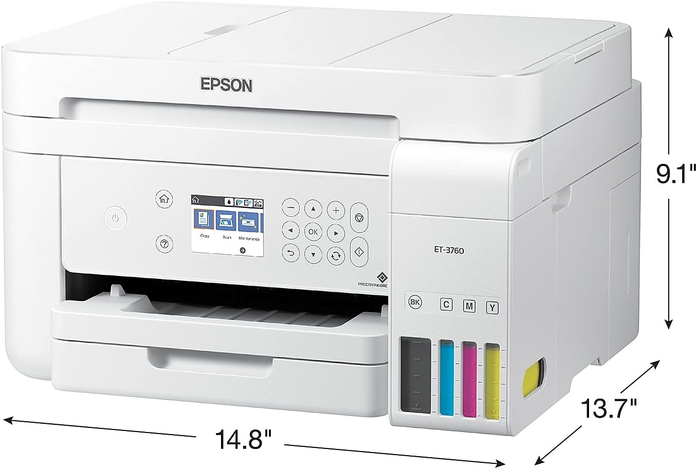Epson EcoTank ET-3760 Wireless Color All-in-One Cartridge-Free Supertank Printer with Scanner, Copier and Ethernet, Regular
