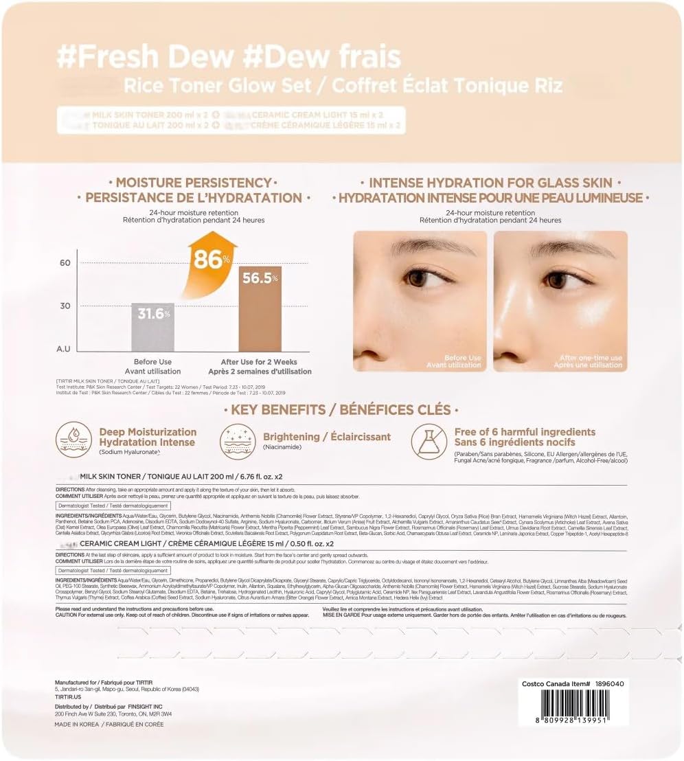 Milk Skin Rice Toner Glow Set - Deep Moisturizing, Niacinamide, Ceramide, Nature-Oriented Ingredients, Korean Skin Care, 2 ea 200ml/6.76 fl oz Milk Skin Toner and 15ml/0.50 fl oz Ceramic Cream Light