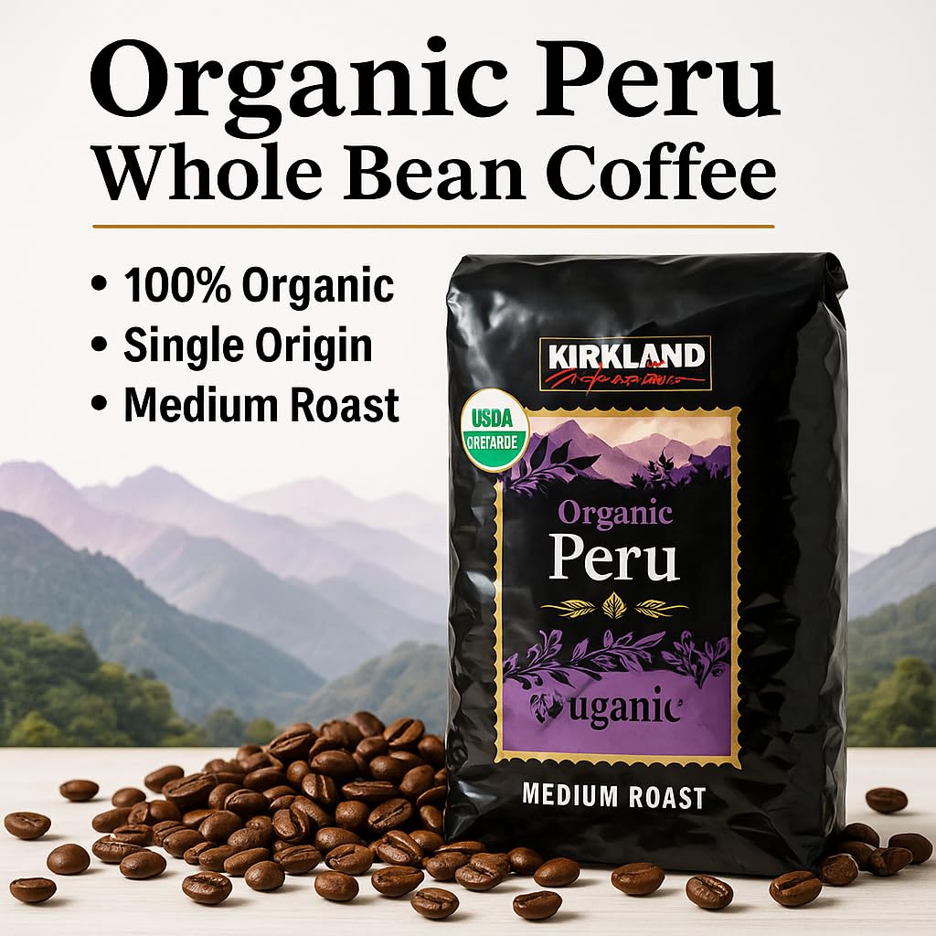Kirkland Signature Organic Whole Bean Coffee from Peru- 2lb Whole Bean Medium Roast