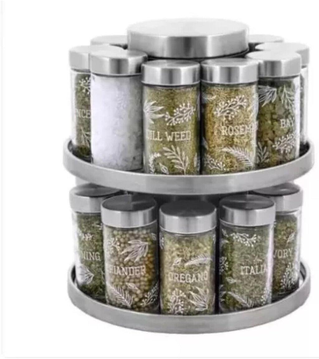 Kamenstein 20 Jar Revolving Countertop Spice Rack with integrated tool caddy Spices with removable shaker disc Included, FREE Spice Refills for 5 Years: Brushed Nickel