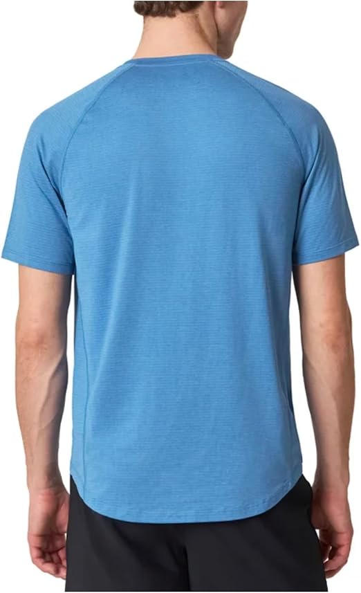 Blue t-shirt worn by a person on a white background