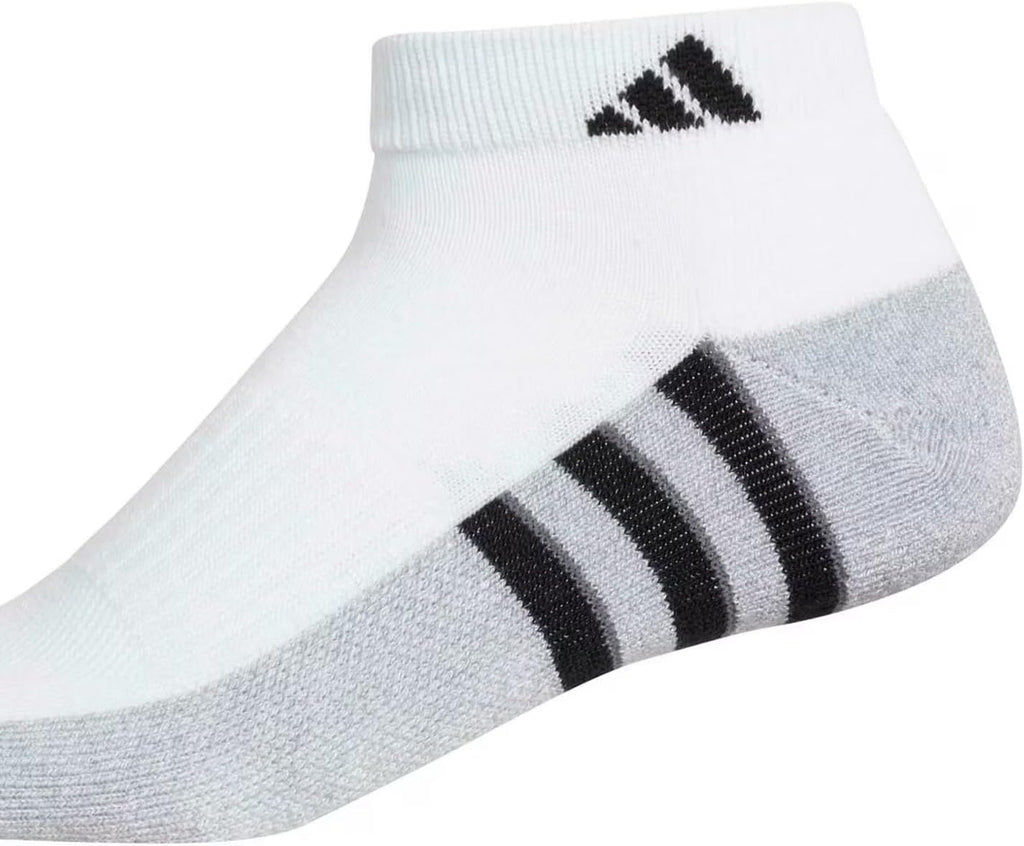 Adidas Performance Aeroready Cushioned Low Cut Socks for Men and Women, Men's Shoe Size 6-12, White - Gray with Blue/Black Stripes (6 pairs Total)