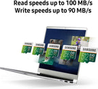 Samsung EVO memory cards with a laptop displaying read and write speeds.