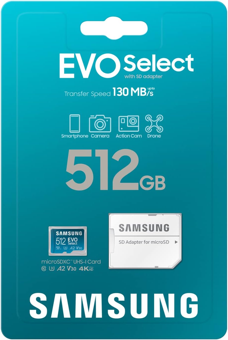 Samsung EVO Select 512GB microSD card packaging with blue background
