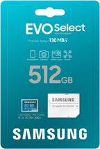 Samsung EVO Select 512GB microSD card packaging with blue background