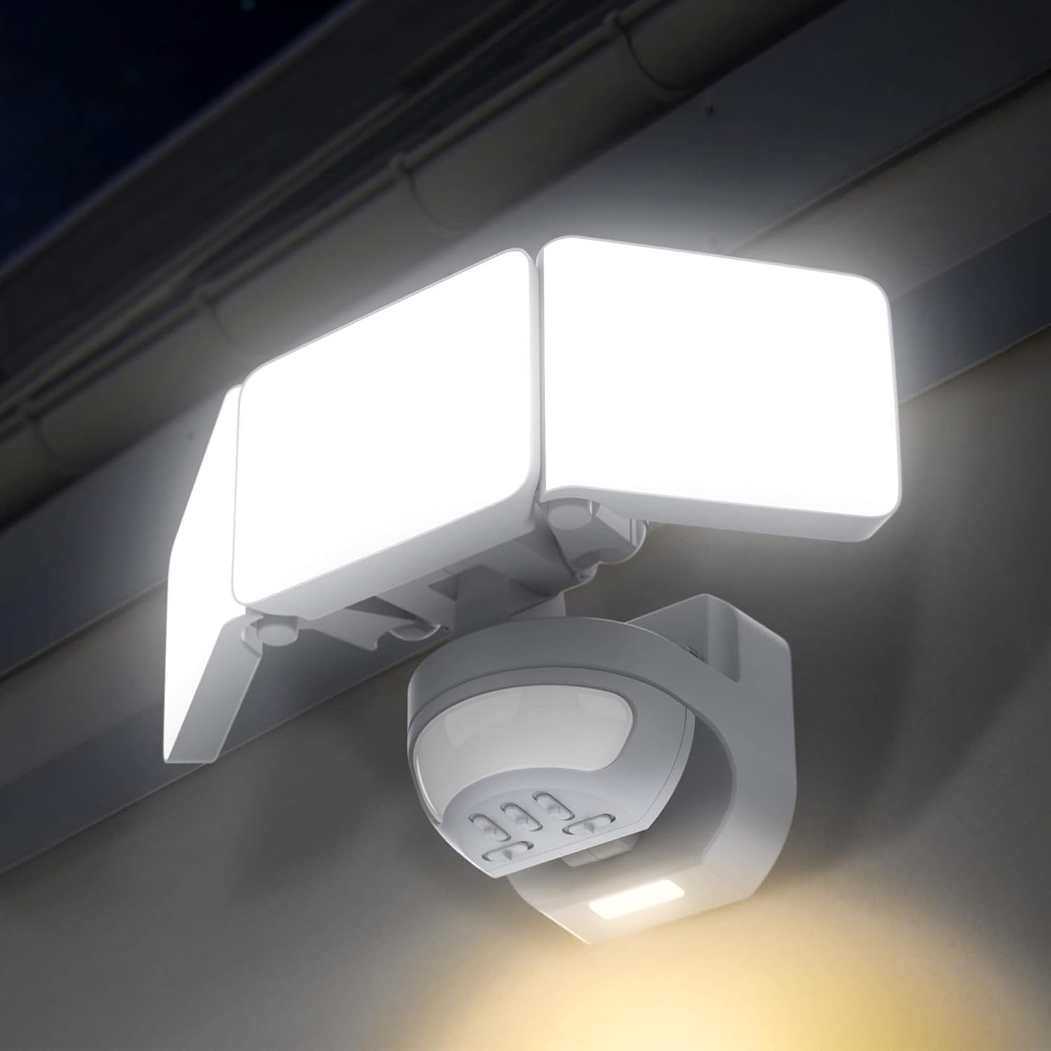 White LED light fixture on a gray surface with a dark background