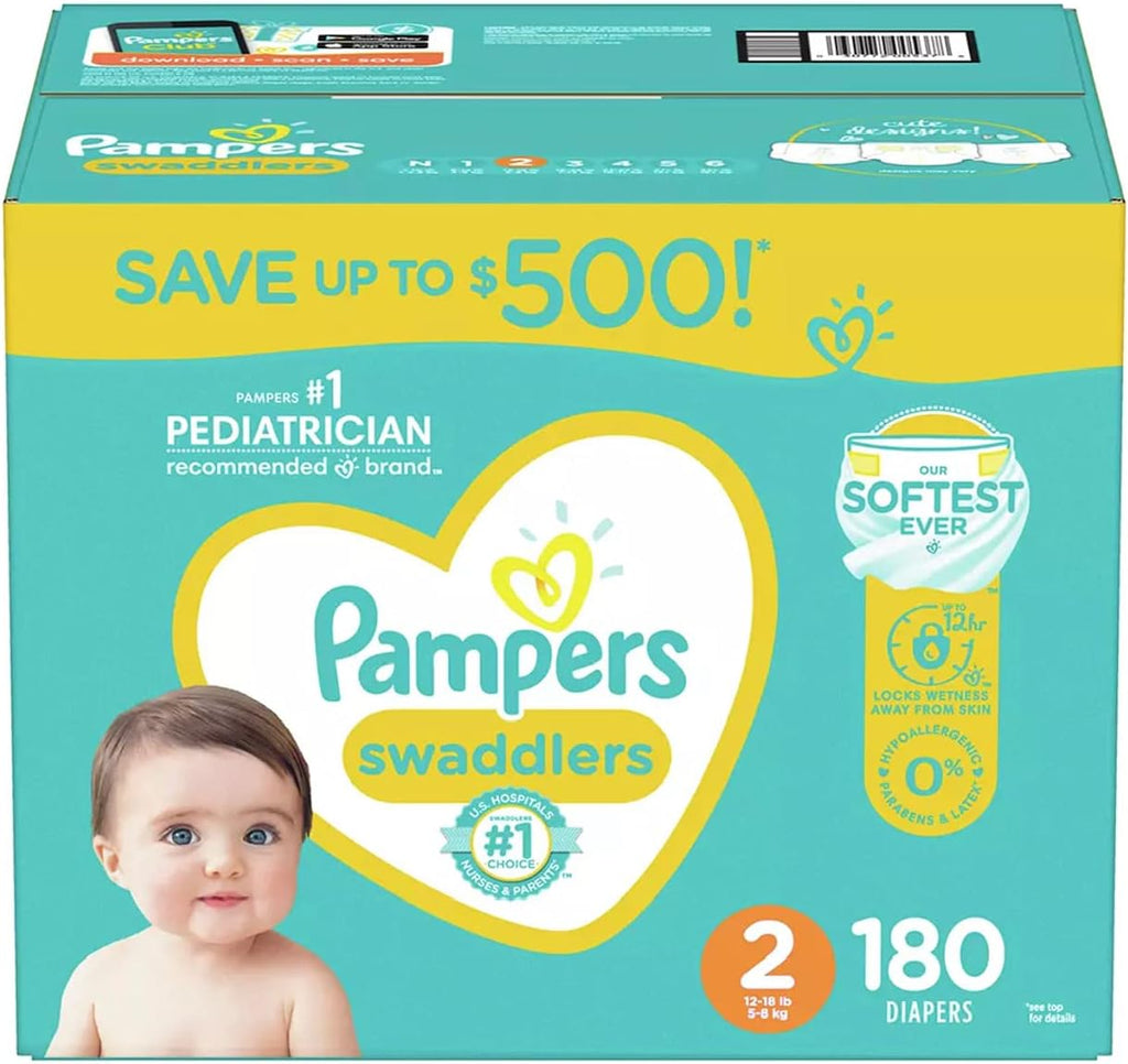Pampers Swaddlers Diapers, Size 2 (12-18 Pounds), 180 Count