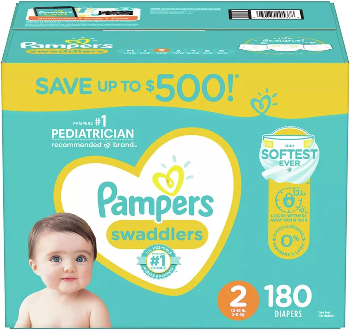 Pampers Swaddlers Diapers, Size 2 (12-18 Pounds), 180 Count