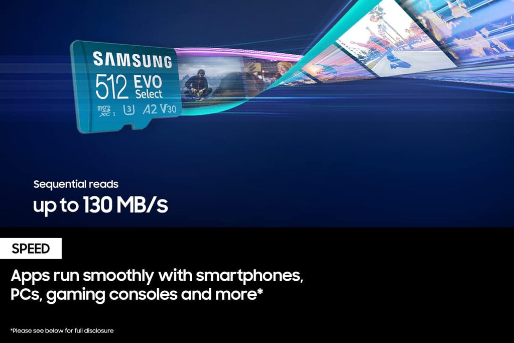Samsung memory card with speed specifications on a dark blue background