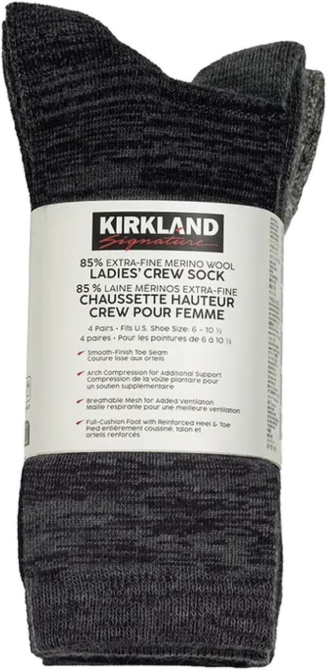 KIRKLAND Signature Women's Extra-Fine Merino Wool, 4 Pairs, Fits Shoe Sizes 6-10.5, Assorted Colors