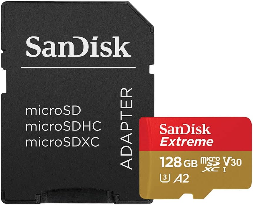SanDisk 128GB Extreme microSDXC UHS-I Memory Card with Adapter - Up to 160MB/s, C10, U3, V30, 4K, A2, Micro SD - SDSQXA1-128G-GN6MA