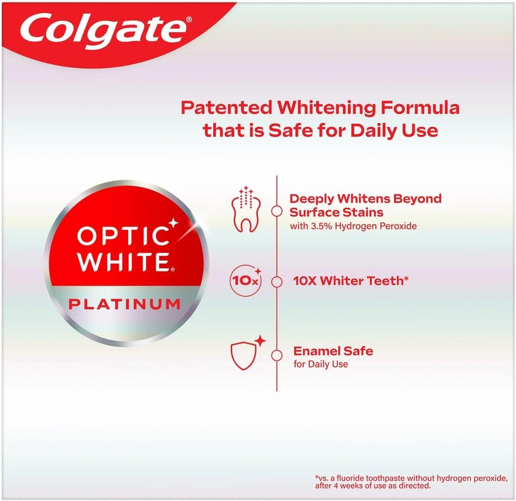 Colgate Optic White Platinum toothpaste packaging with whitening benefits on a white background