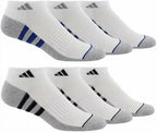 Adidas Performance Aeroready Cushioned Low Cut Socks for Men and Women, Men's Shoe Size 6-12, White - Gray with Blue/Black Stripes (6 pairs Total)