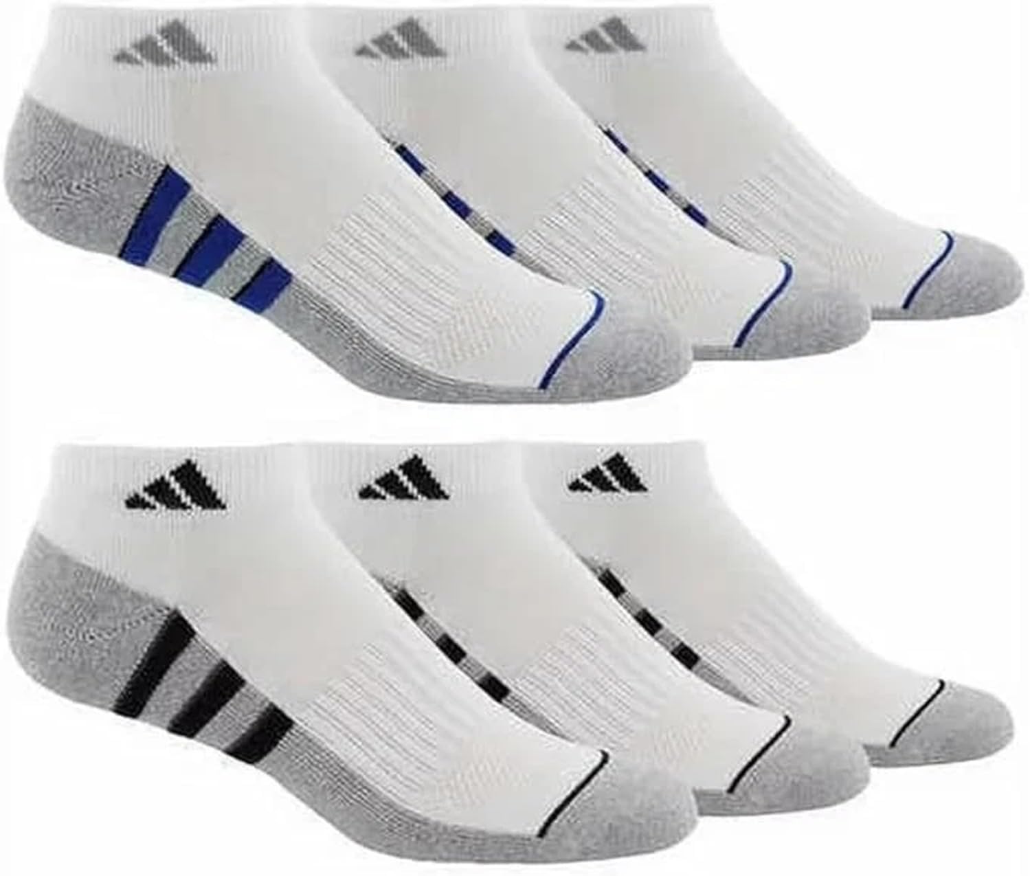 Adidas Performance Aeroready Cushioned Low Cut Socks for Men and Women, Men's Shoe Size 6-12, White - Gray with Blue/Black Stripes (6 pairs Total)