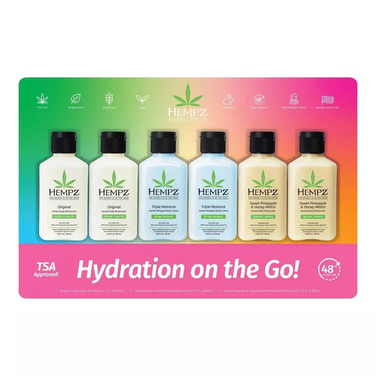 Hempz Hydration on the Go, Herbal Body Moisturizer & Whipped Body Creme Enriched with 100% Pure Natural Hemp Seed Oil, 48-Hour Hydration, TSA Approved Travel Size - 2.25 Fluid Ounce (Pack of 6)