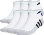 Adidas Performance Aeroready Cushioned Low Cut Socks for Men and Women, Men's Shoe Size 6-12, White - Gray with Blue/Black Stripes (6 pairs Total)