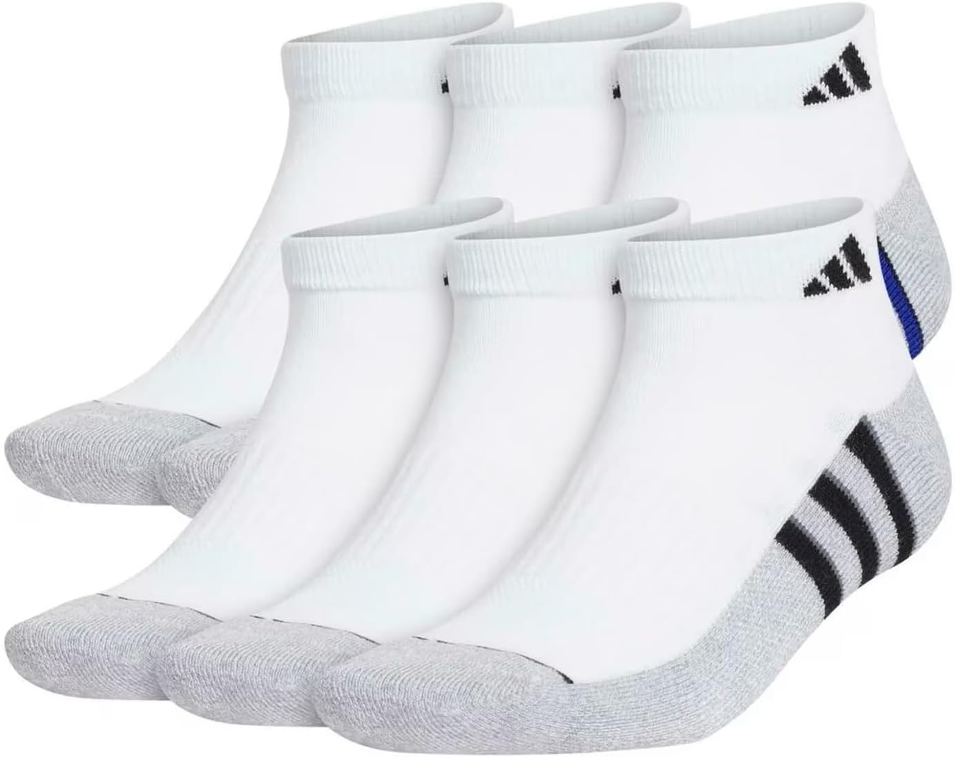 Adidas Performance Aeroready Cushioned Low Cut Socks for Men and Women, Men's Shoe Size 6-12, White - Gray with Blue/Black Stripes (6 pairs Total)