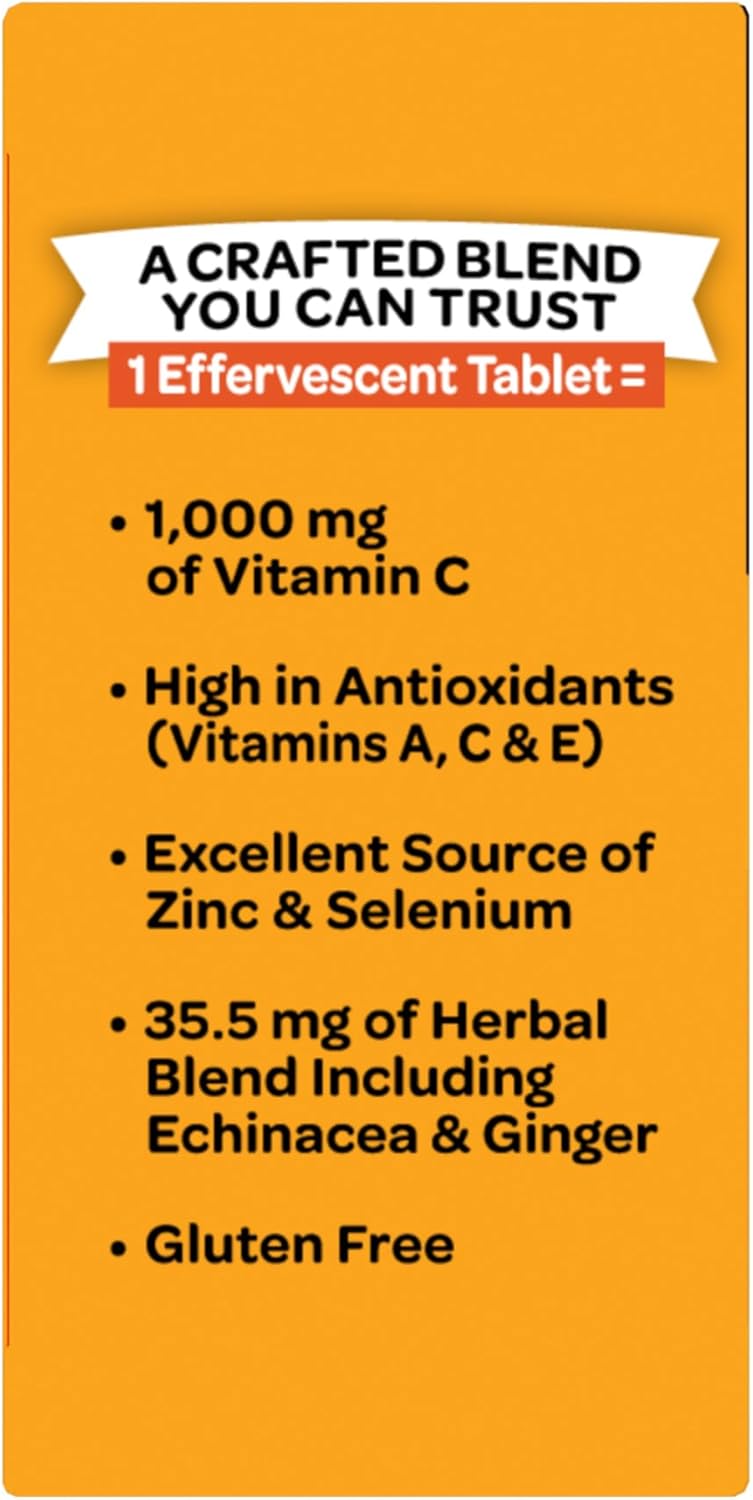 Vitamin C 1000mg (per serving) - Airborne Zesty Orange Effervescent Tablets (36 count in a box), Gluten-Free Immune Support Supplement With Vitamins A C E, ZINC, Selenium, Echinacea & Ginger