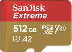 SanDisk Extreme 512GB microSDXC card with red and gold color scheme.