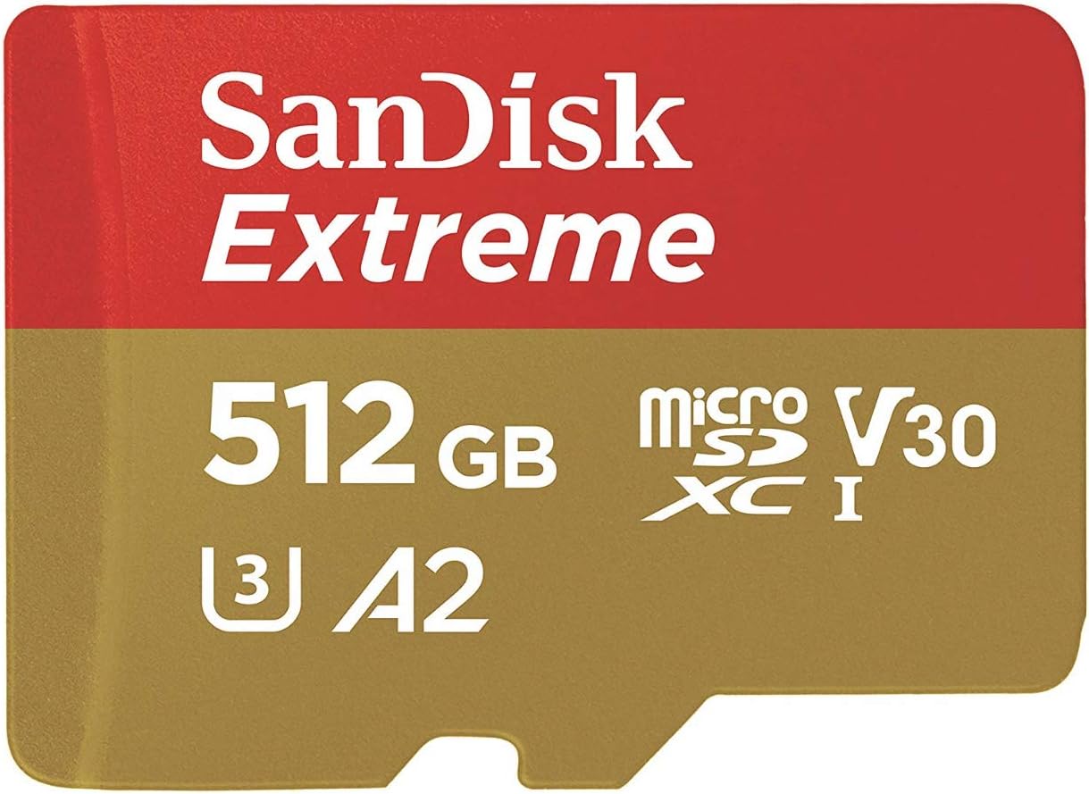 SanDisk Extreme 512GB microSDXC card with red and gold color scheme.