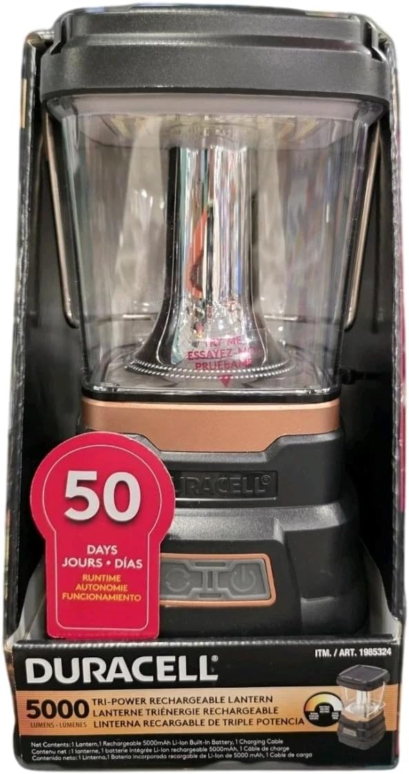Duracell 5000 lantern in packaging with a 50-day duration label.