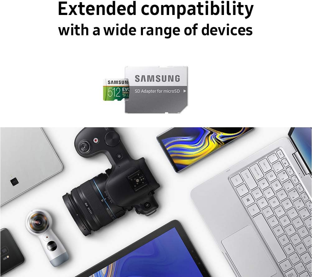 Samsung microSD card and adapter on a white surface with electronic devices.