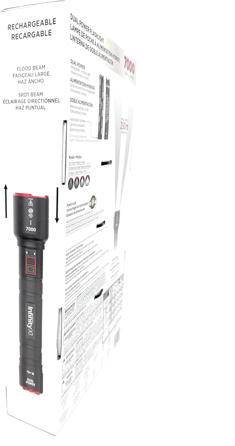 Infinity X1 7000L Dual Power Rechargeable Flashlight,7000 Lumen CREE LED with Adjustable Focus and Heat Lock