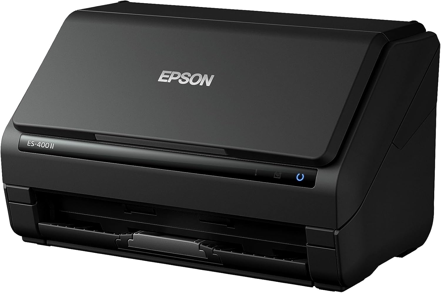 Black Epson scanner on a white background