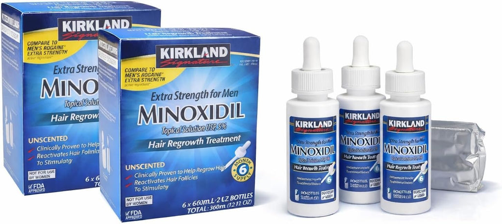 Kirkland Minoxidil hair regrowth treatment packaging and bottles on a white background