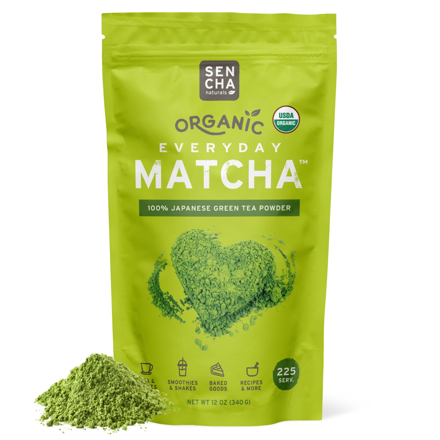 SEN CHA Naturals Organic Everyday Matcha Powder, Authentic Japanese Green Tea, Premium First & Second Harvest Culinary and Ceremonial Grade Matcha Powder, Lattes & Baking, 12oz Bag (1 Pack)