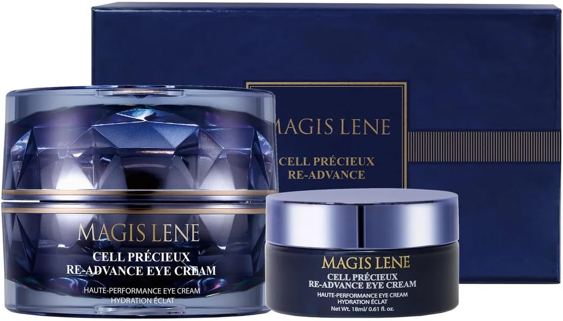 Magis Lene eye cream set with packaging on a blue background