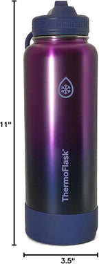 ThermoFlask 40 oz Bottle with Spout and Straw Lid - Stainless Steel, Double-Wall Insulation & BPA-Free - Leakproof, Resuable - Forest Green/Purple Sunset (2 Pack)