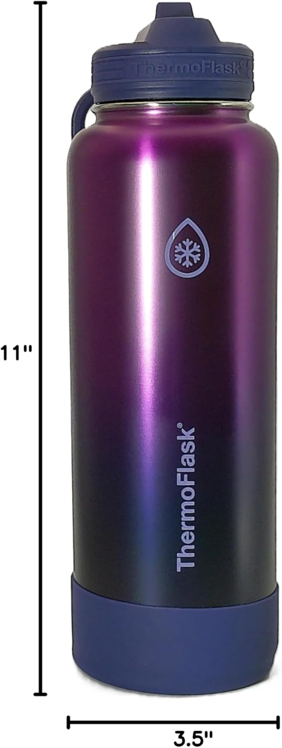 ThermoFlask 40 oz Bottle with Spout and Straw Lid - Stainless Steel, Double-Wall Insulation & BPA-Free - Leakproof, Resuable - Forest Green/Purple Sunset (2 Pack)