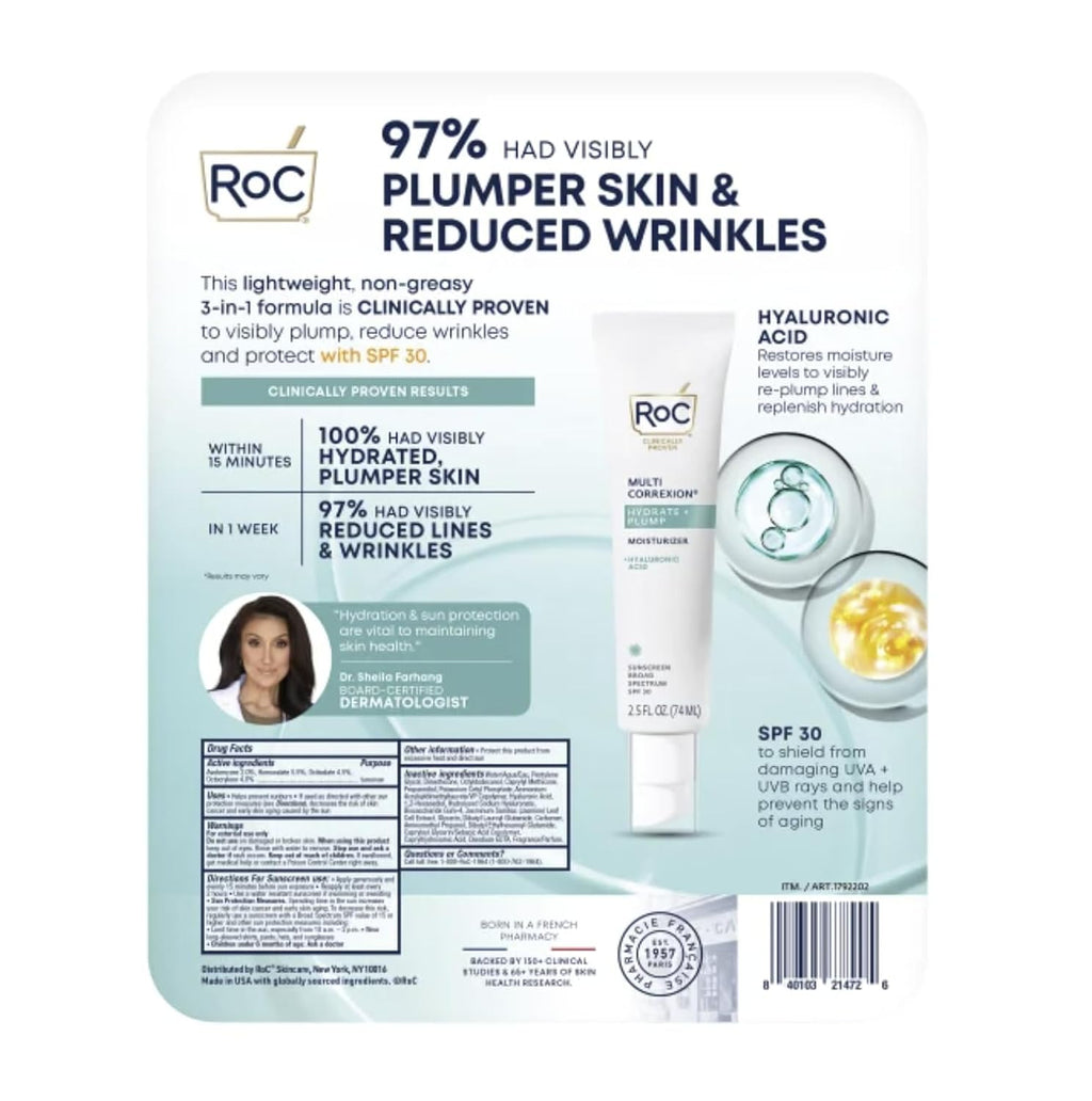RoC skincare product packaging with text on plumper skin and reduced wrinkles.