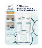 RoC skincare product packaging with text on plumper skin and reduced wrinkles.