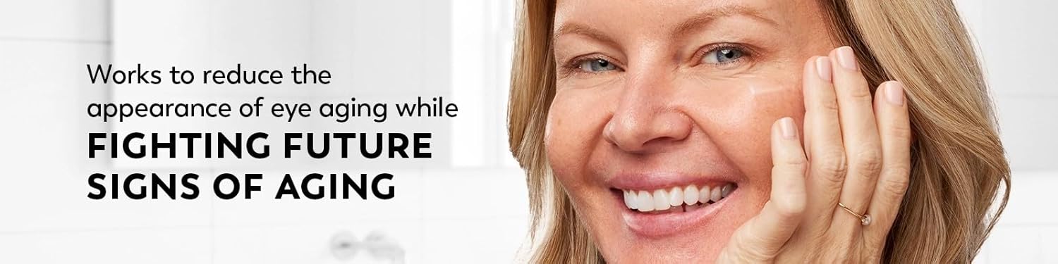Advertisement for skincare product targeting eye aging with a woman applying cream.