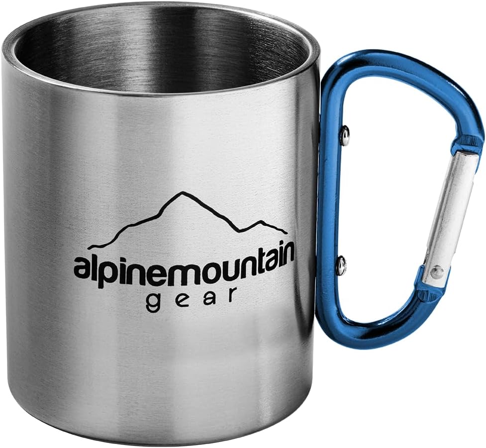 Stainless steel mug with blue carabiner handle featuring Alpinemountain Gear logo.
