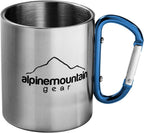 Stainless steel mug with blue carabiner handle featuring Alpinemountain Gear logo.