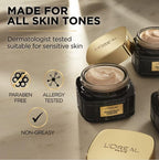 L'Oreal skincare product with open jar showing cream, surrounded by icons and text about product features.
