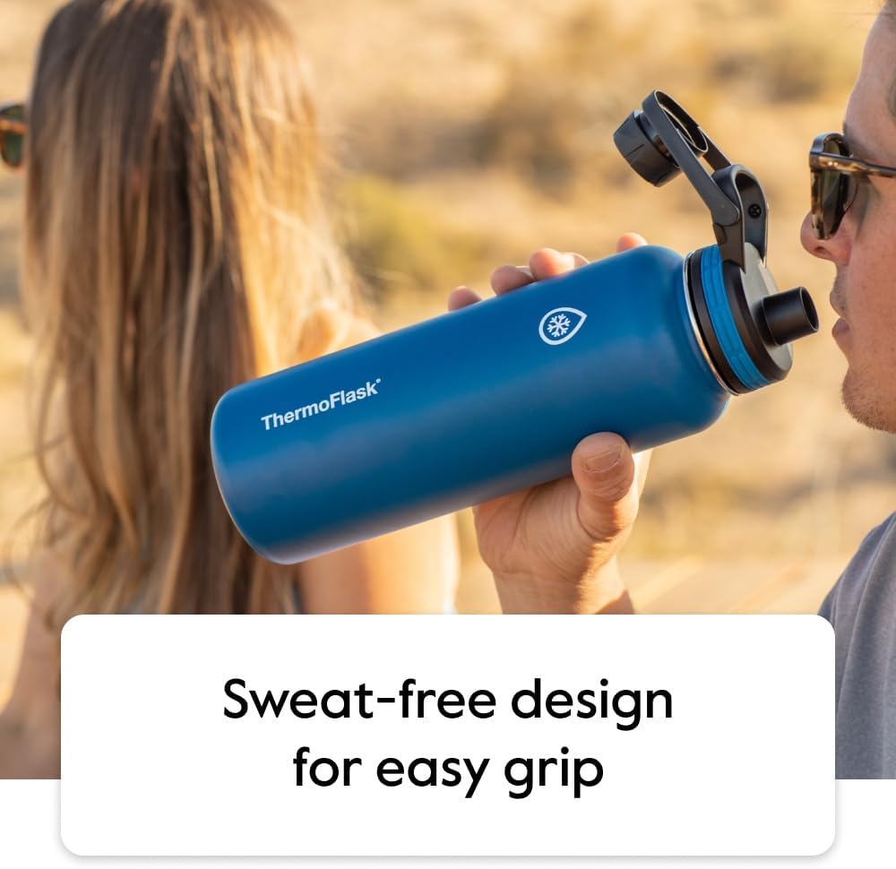 ThermoFlask Stainless Steel Water Bottles 2-Pack - Double-Wall Vacuum Insulated 24 oz BPA-Free Spout Lids - Keeps Drinks Cold 24 Hrs, Hot 12 Hrs - Leakproof, Dishwasher Safe, Mayan Blue/Black