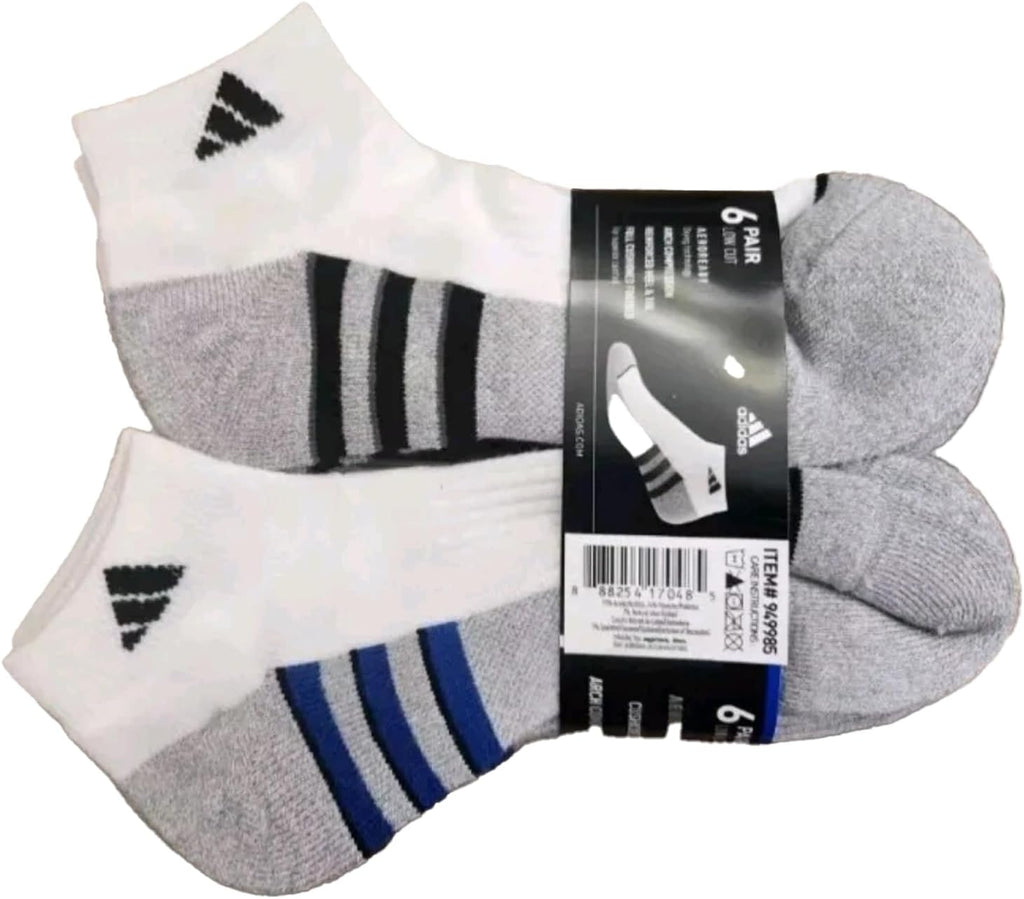 Adidas Performance Aeroready Cushioned Low Cut Socks for Men and Women, Men's Shoe Size 6-12, White - Gray with Blue/Black Stripes (6 pairs Total)
