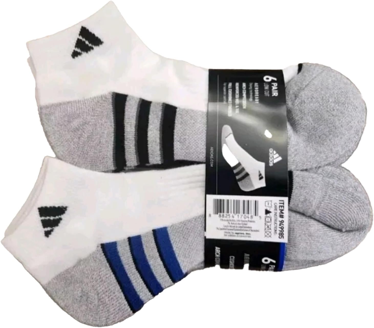 Adidas Performance Aeroready Cushioned Low Cut Socks for Men and Women, Men's Shoe Size 6-12, White - Gray with Blue/Black Stripes (6 pairs Total)