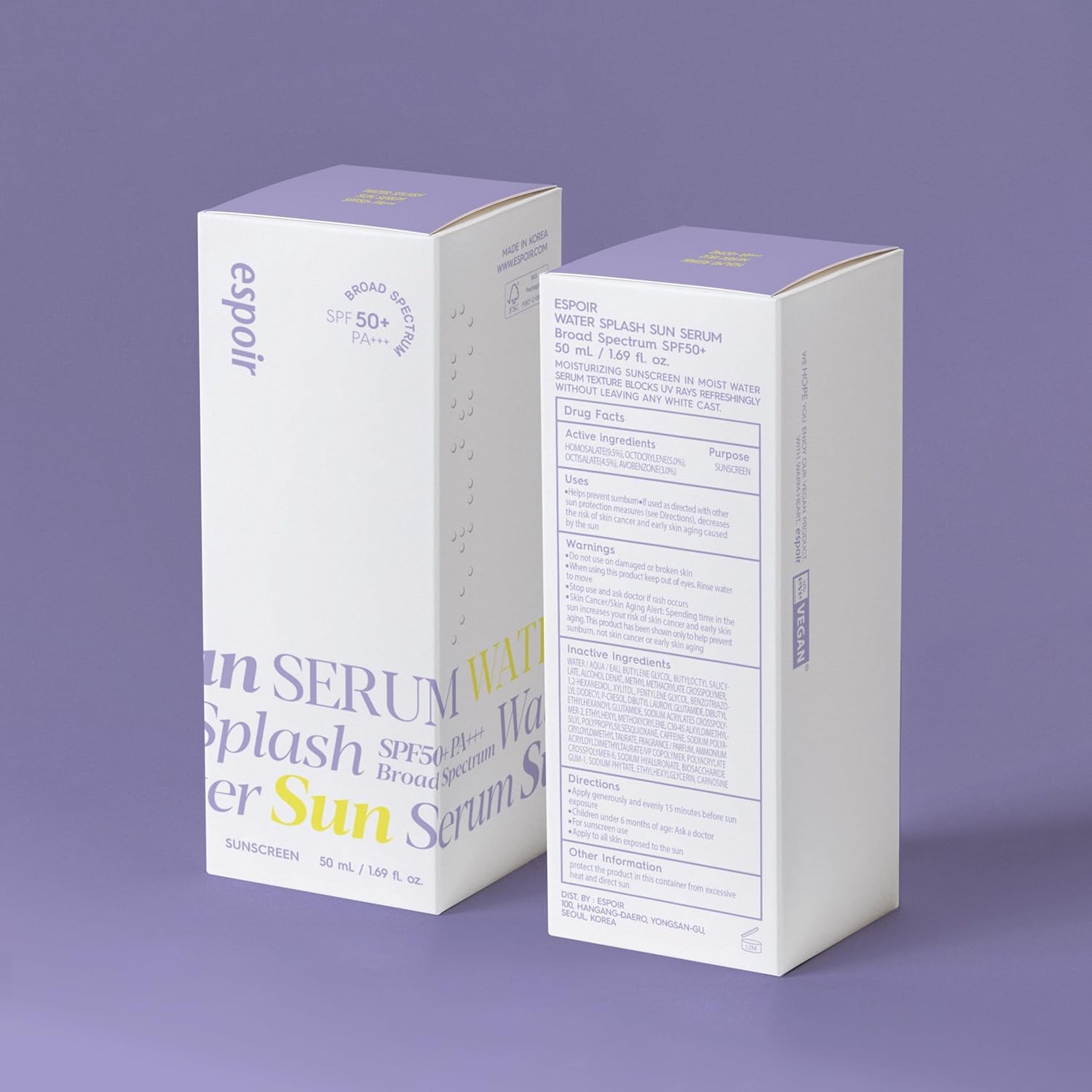 Espoir Water Splash Sun Serum SPF50+│3,000ppm Caffeine for Reducing Puffiness, Enhancing Skin Elasticity, Non-Oily Hydrating Sunscreen,Vegan,Beach Essentials, Clear Sunscreen, 2 pk,1.69 Fl Oz. x 2 ea